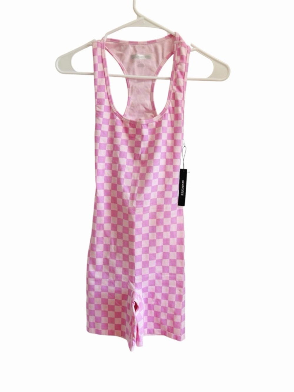 Pink & White Checkerboard Tank Romper